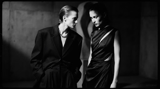 Aeterna Studios yüksek moda monokrom editoryal görsel kampanyası