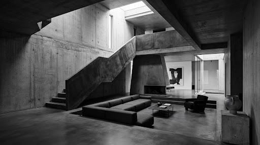 Brutalist mimari yapılar ve monokromatik ışık gölge oyunu avant-garde tasarım